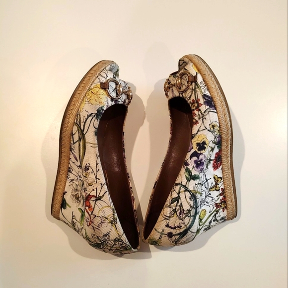 Gucci Authentic Charlotte Floral Wedges Horsebit Hardware Peep Toe 37.5 - Picture 4 of 16